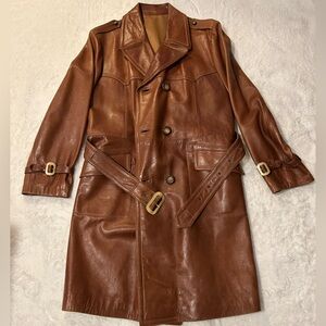 Vintage Genuine Leather Trench Coat with Belt and Gold toned accents
